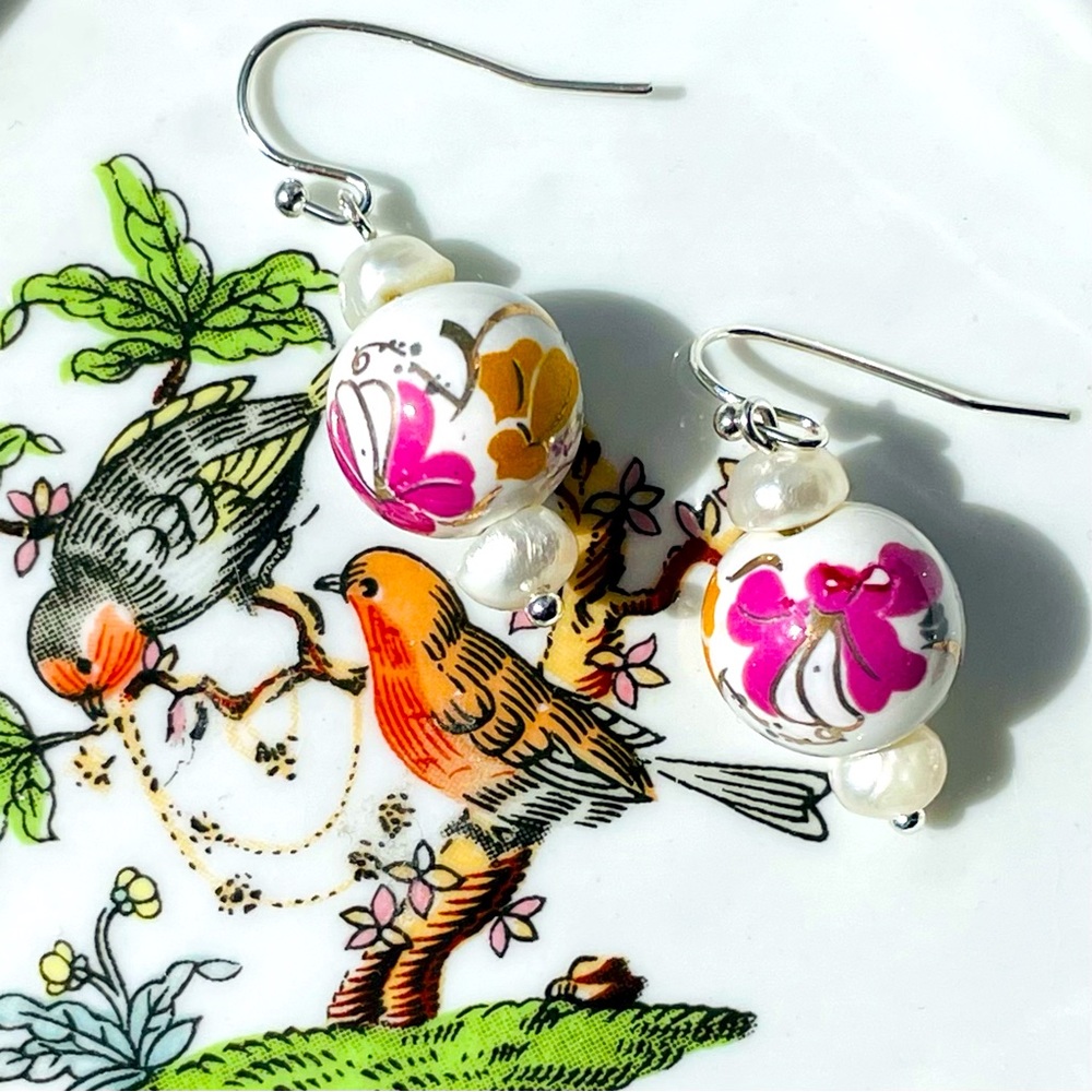 sterling silver freshwater pearl & vintage hand painted ceramic earrings gift